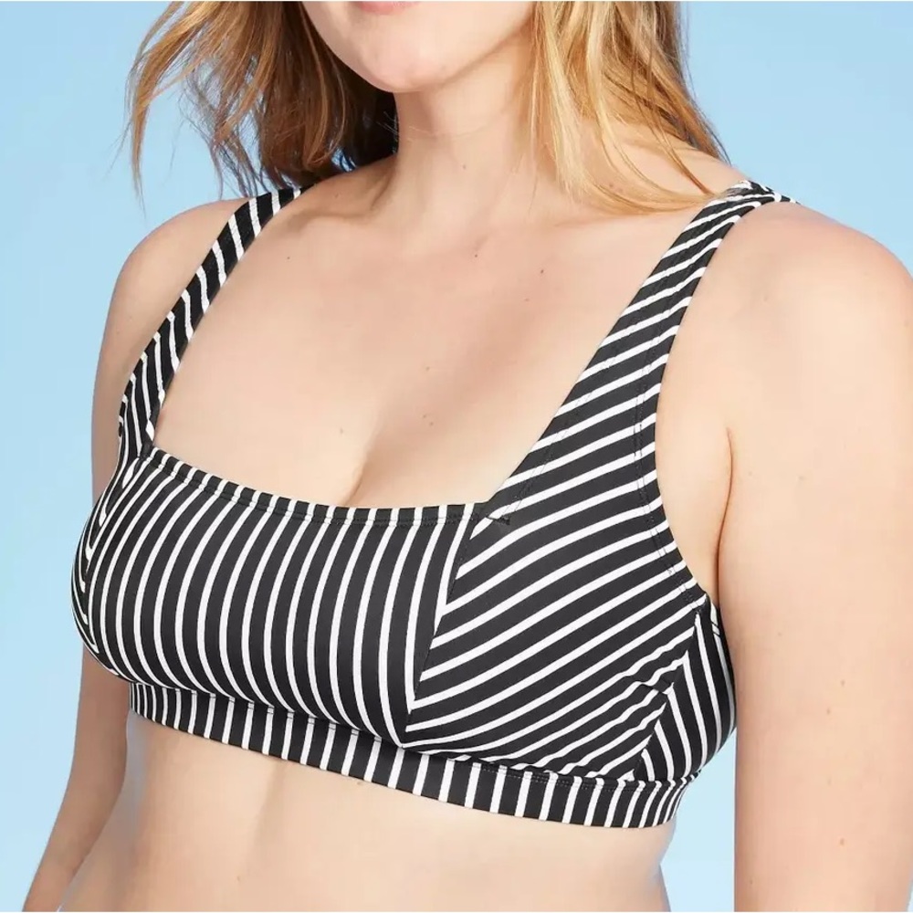 Kona Sol - Scoop Square Neck Bikini Top Black & White Stripe - Size M
